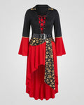 Women's pirate Halloween costume with black lace-up bodice, red bell sleeves, high-low red skirt, black belt and gold skull-print sash - view 4
