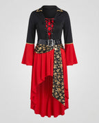 Women's pirate Halloween costume with black lace-up bodice, red bell sleeves, high-low red skirt, black belt and gold skull-print sash - view 4