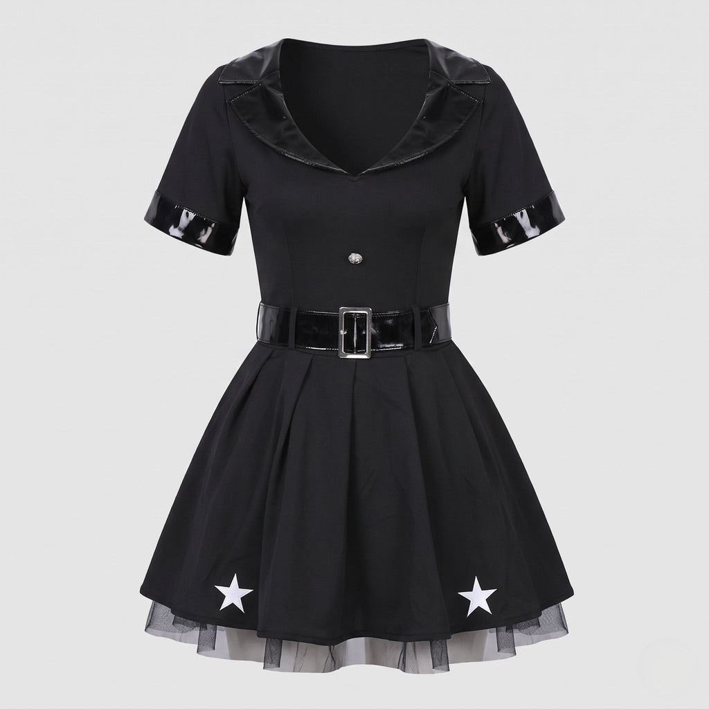 Women's black police officer Halloween costume dress with patent-look collar, buckle belt and star-print pleated skirt - view 4