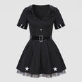 Women's black police officer Halloween costume dress with patent-look collar, buckle belt and star-print pleated skirt - view 4