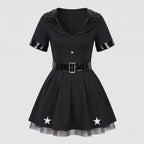 Women's black police officer Halloween costume dress with patent-look collar, buckle belt and star-print pleated skirt - view 4