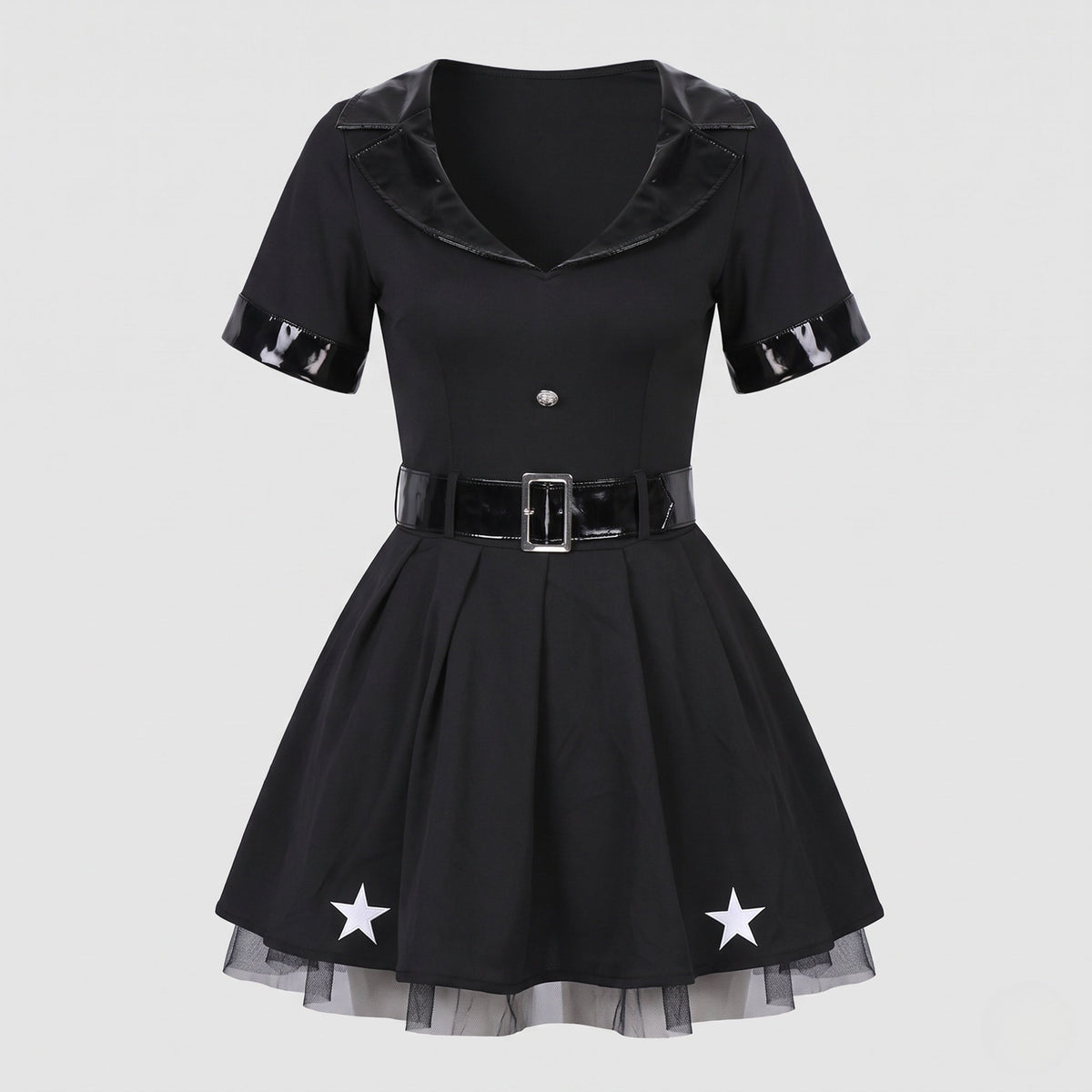 Women's black police officer Halloween costume dress with patent-look collar, buckle belt and star-print pleated skirt - view 4