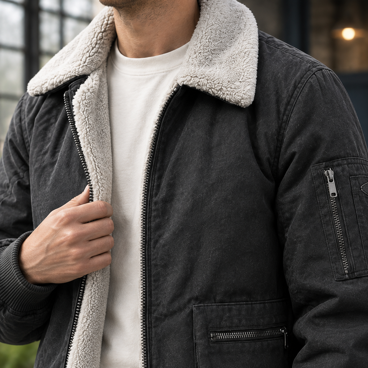 Men's zip up jacket with sherpa collar and zipped sleeve pocket - view 2