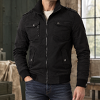 Men's bomber jacket with knit stand collar, ribbed cuffs and snap flap pockets