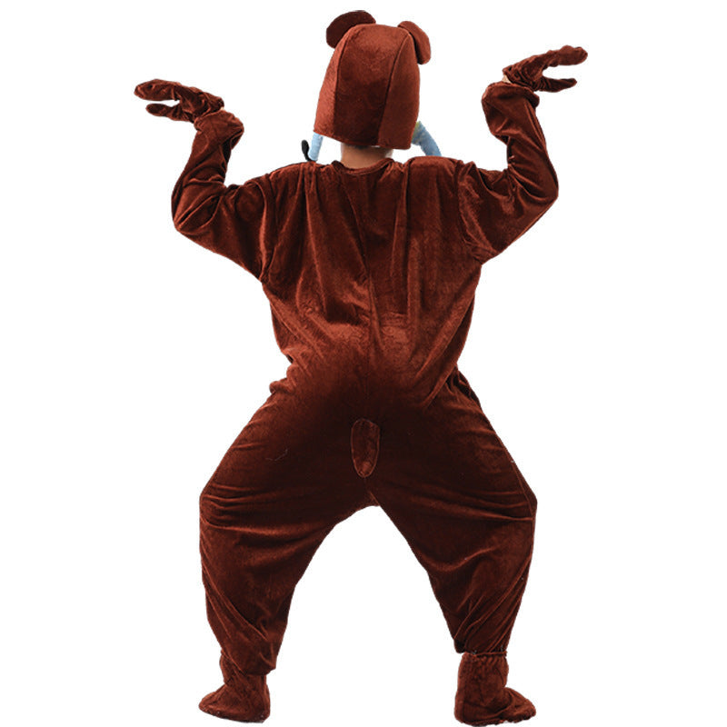 Kids brown plush bear costume jumpsuit with bear-face hood, mitts and foot covers - view 4