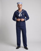 Men's navy sailor Halloween costume with white striped collar, white neckerchief and anchor patch