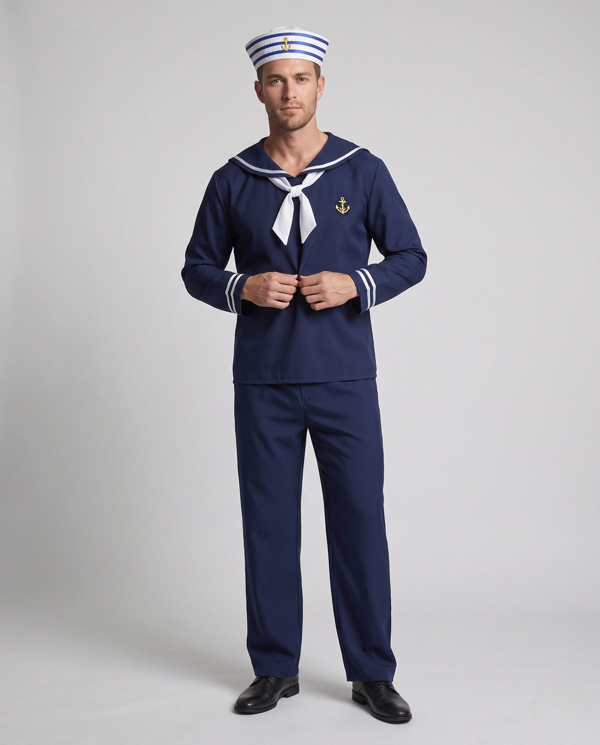 Men's navy sailor Halloween costume with white striped collar, white neckerchief and anchor patch