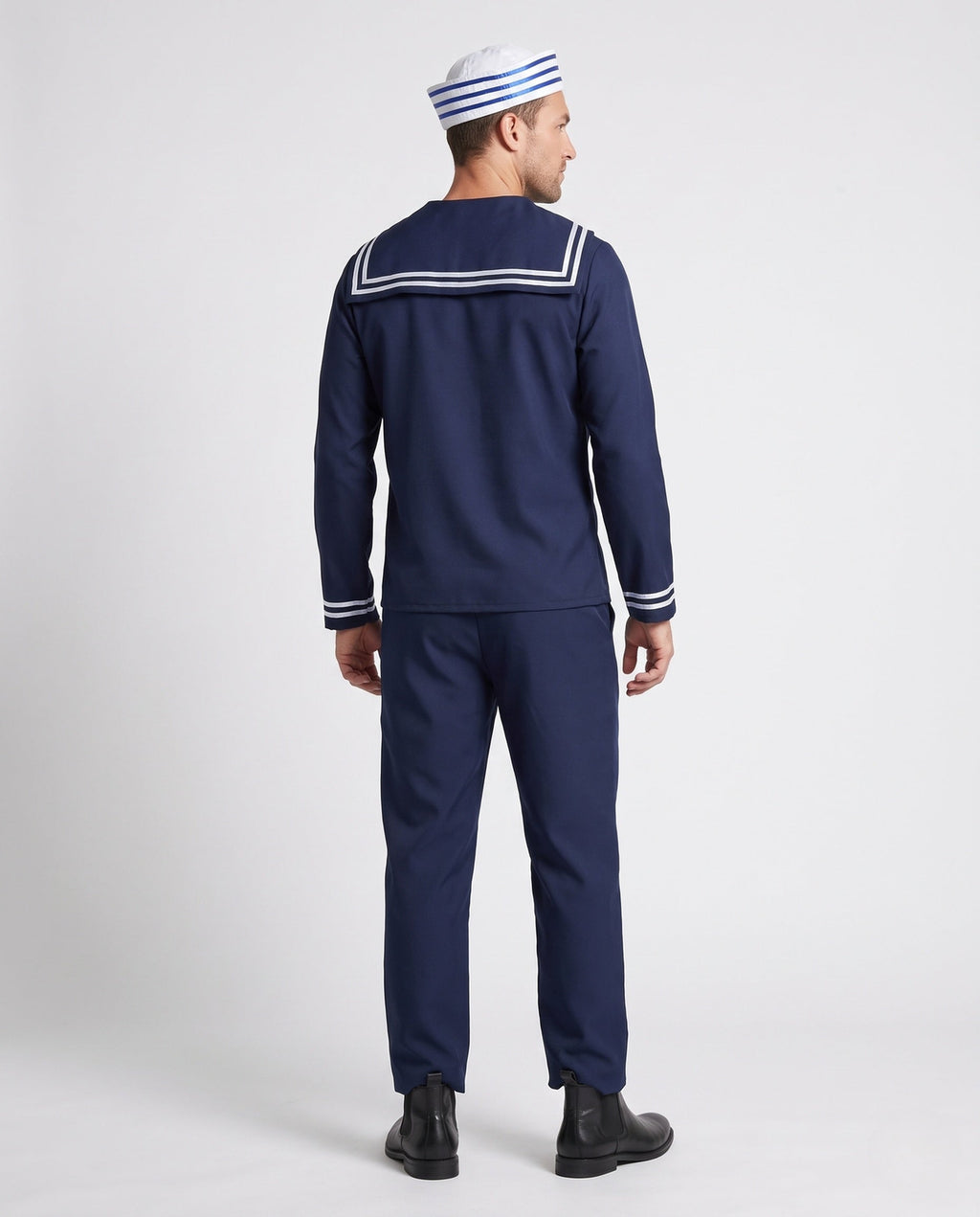 Men's navy sailor Halloween costume with white striped collar, white neckerchief and anchor patch - view 3