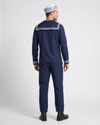 Men's navy sailor Halloween costume with white striped collar, white neckerchief and anchor patch - view 3