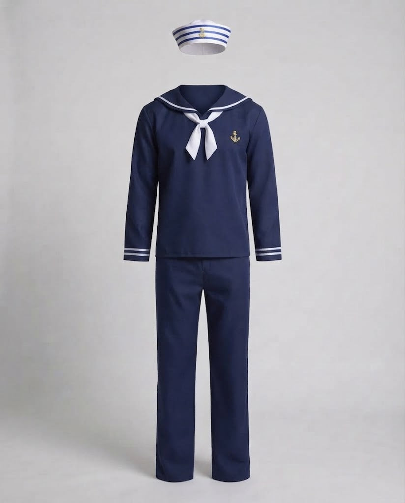 Men's navy sailor Halloween costume with white striped collar, white neckerchief and anchor patch - view 4