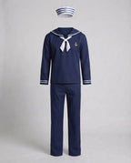 Men's navy sailor Halloween costume with white striped collar, white neckerchief and anchor patch - view 4