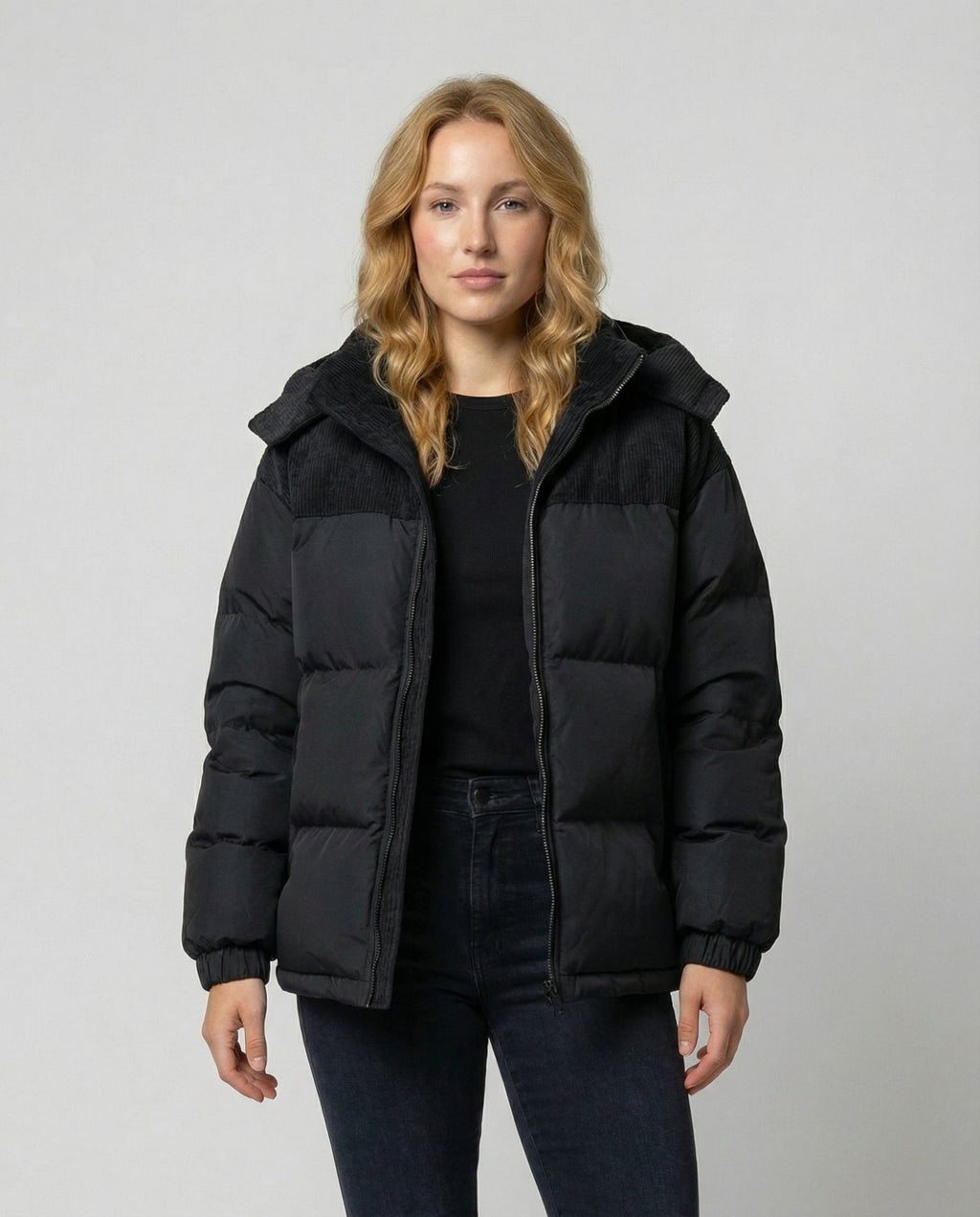 Black quilted puffer coat with corduroy hood and collar