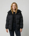 Black quilted puffer coat with corduroy hood and collar