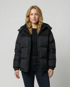 Black quilted puffer coat with corduroy hood and collar