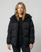 Black quilted puffer coat with corduroy hood and collar - view 2