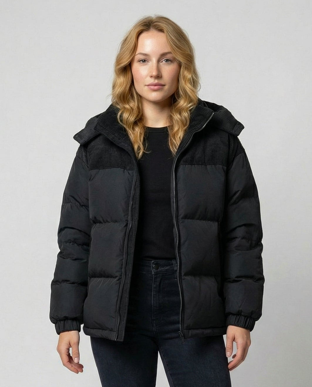 Black quilted puffer coat with corduroy hood and collar - view 2