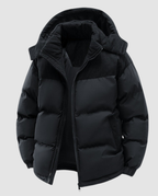 Black quilted puffer coat with corduroy hood and collar - view 3