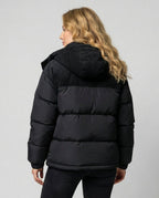Black quilted puffer coat with corduroy hood and collar - view 4