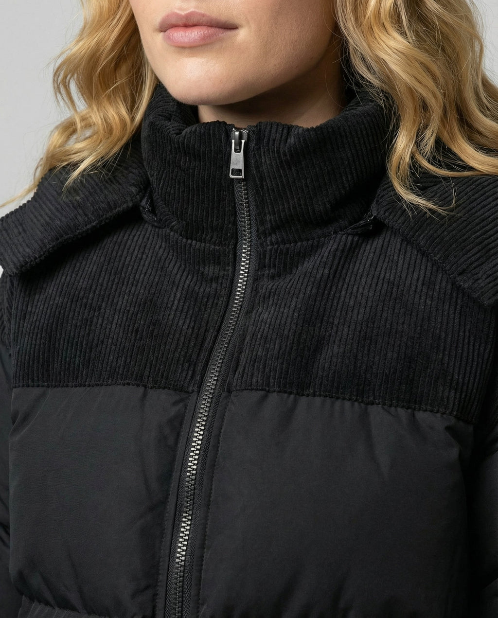 Black quilted puffer coat with corduroy hood and collar - view 5
