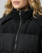 Black quilted puffer coat with corduroy hood and collar - view 5
