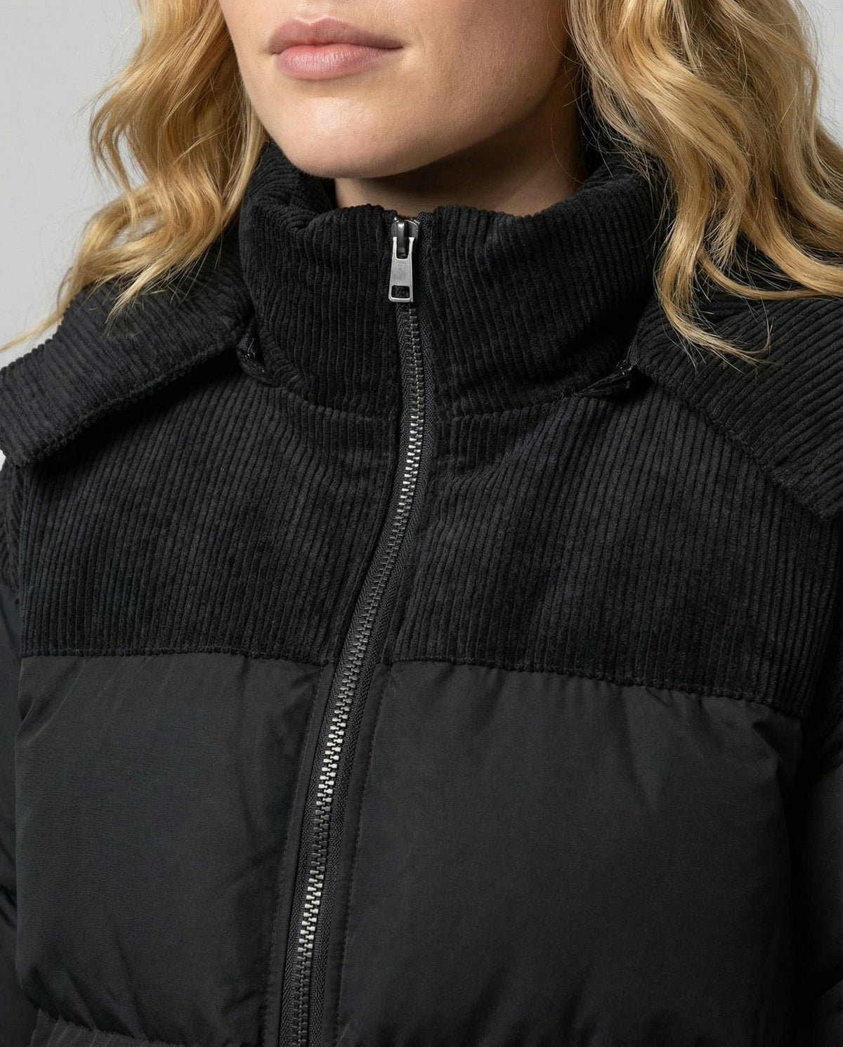 Black quilted puffer coat with corduroy hood and collar - view 5