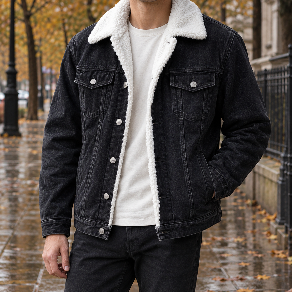 Men's sherpa trucker jacket in denim with oversized sherpa collar