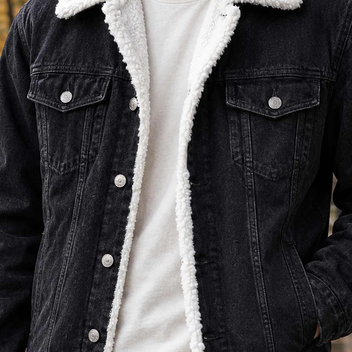 Men's sherpa trucker jacket in denim with oversized sherpa collar - view 2