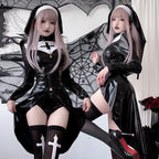 Woman wearing a black wet-look nun Halloween costume with white cross collar, front slit and headpiece