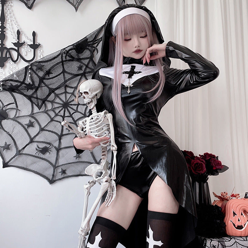 Woman wearing a black wet-look nun Halloween costume with white cross collar, front slit and headpiece - view 2