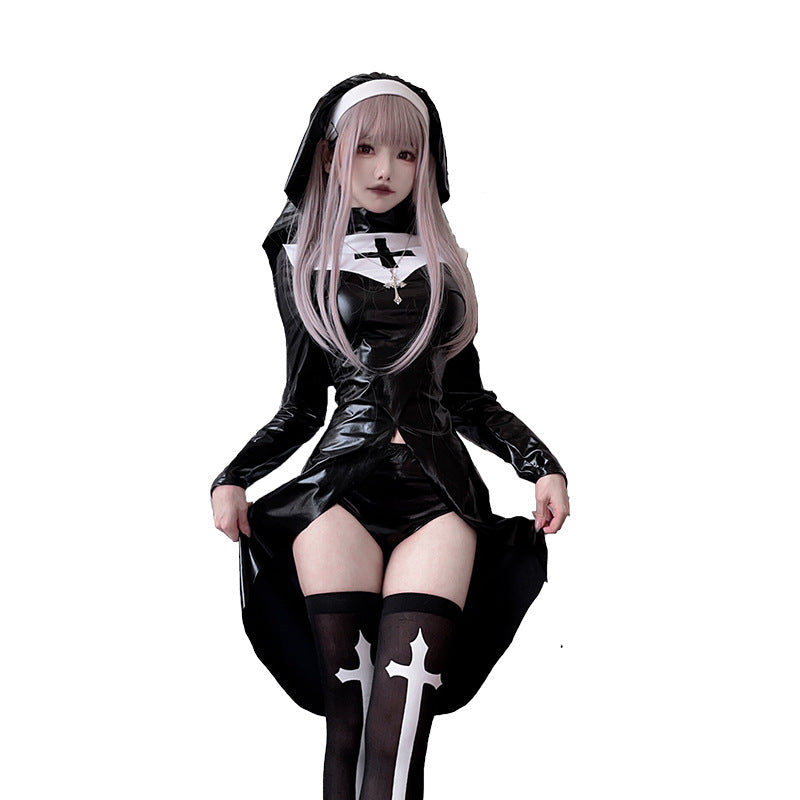 Woman wearing a black wet-look nun Halloween costume with white cross collar, front slit and headpiece - view 5