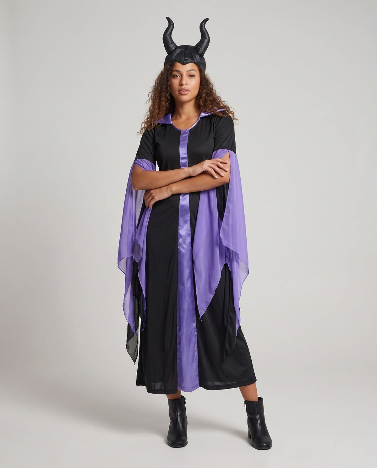 Women's black and purple witch Halloween costume dress with tall stand-up collar and sheer pointed sleeves