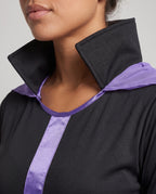 Women's black and purple witch Halloween costume dress with tall stand-up collar and sheer pointed sleeves - view 2