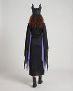 Women's black and purple witch Halloween costume dress with tall stand-up collar and sheer pointed sleeves - view 3