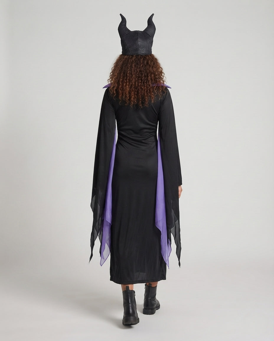 Women's black and purple witch Halloween costume dress with tall stand-up collar and sheer pointed sleeves - view 3