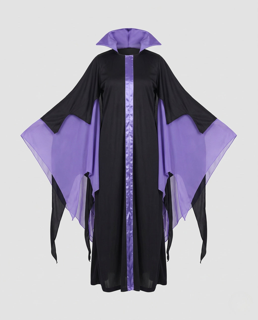 Women's black and purple witch Halloween costume dress with tall stand-up collar and sheer pointed sleeves - view 4