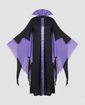 Women's black and purple witch Halloween costume dress with tall stand-up collar and sheer pointed sleeves - view 4