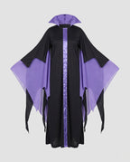 Women's black and purple witch Halloween costume dress with tall stand-up collar and sheer pointed sleeves - view 4