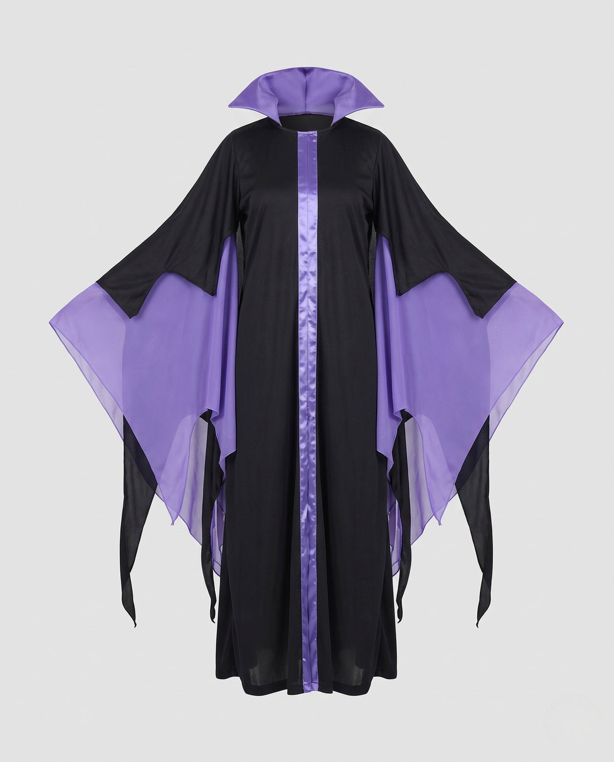 Women's black and purple witch Halloween costume dress with tall stand-up collar and sheer pointed sleeves - view 4