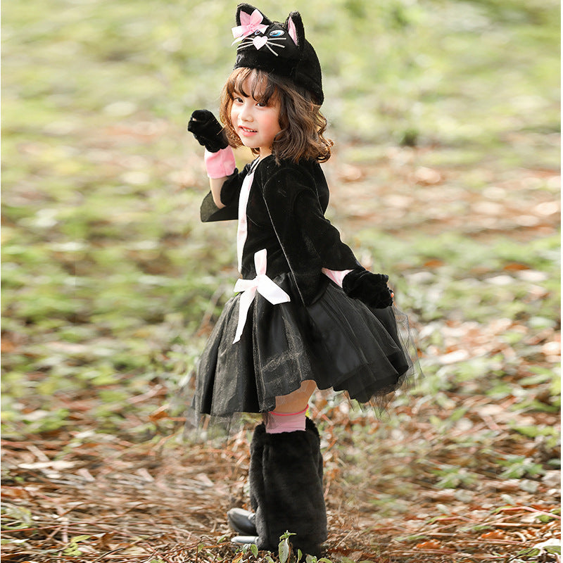 Girl wearing a black and pink cat costume with tulle skirt and cat-ear hat - view 4