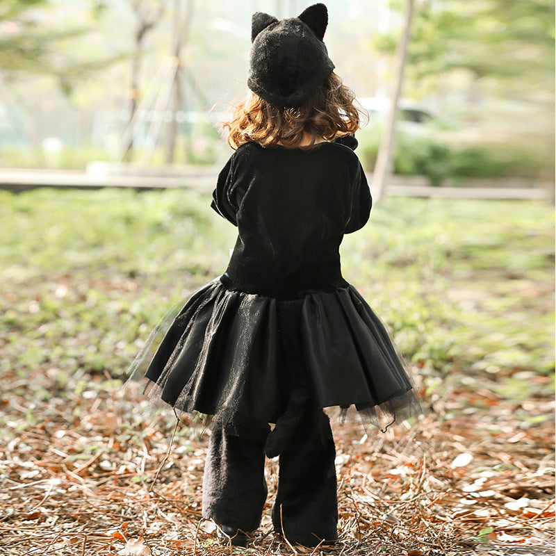 Girl wearing a black and pink cat costume with tulle skirt and cat-ear hat - view 5