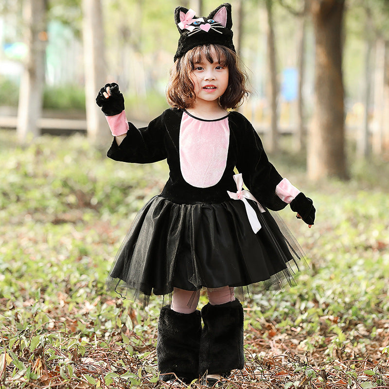 Girl wearing a black and pink cat costume with tulle skirt and cat-ear hat - view 6