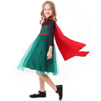 Girls Halloween costume with green tulle skirt, dark long-sleeve bodice and red tie cape - view 3