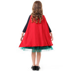 Girls Halloween costume with green tulle skirt, dark long-sleeve bodice and red tie cape - view 4