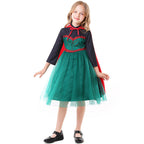 Girls Halloween costume with green tulle skirt, dark long-sleeve bodice and red tie cape - view 5