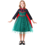 Girls Halloween costume with green tulle skirt, dark long-sleeve bodice and red tie cape - view 6
