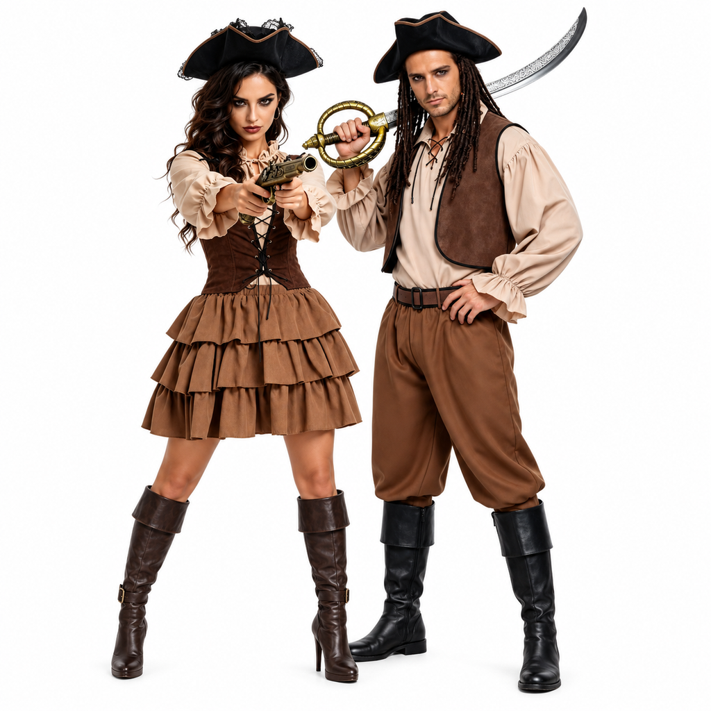 Brown pirate couples Halloween costume with ruffled blouse, lace-up bodice and breeches