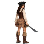 Brown pirate couples Halloween costume with ruffled blouse, lace-up bodice and breeches - view 2