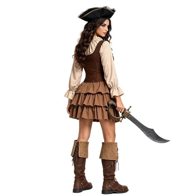 Brown pirate couples Halloween costume with ruffled blouse, lace-up bodice and breeches - view 2