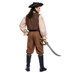 Brown pirate couples Halloween costume with ruffled blouse, lace-up bodice and breeches - view 3