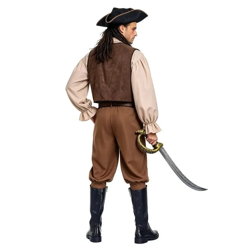 Brown pirate couples Halloween costume with ruffled blouse, lace-up bodice and breeches - view 3